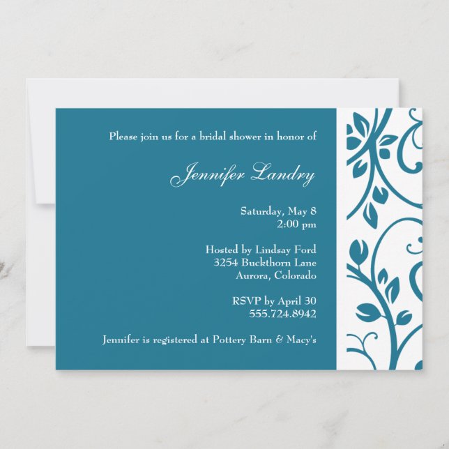 Invitation à la douche nuptiale Peacock Blue Flora (Devant)