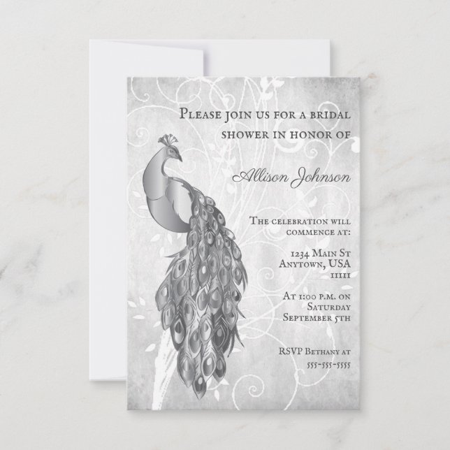 Invitation à la douche nuptiale Peacock Silver (Devant)