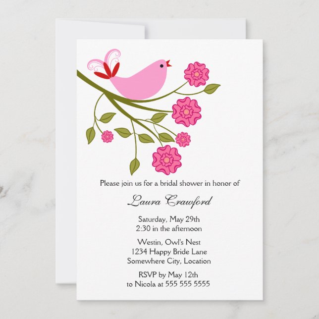 Invitation à la douche nuptiale Pink Songbird (Devant)