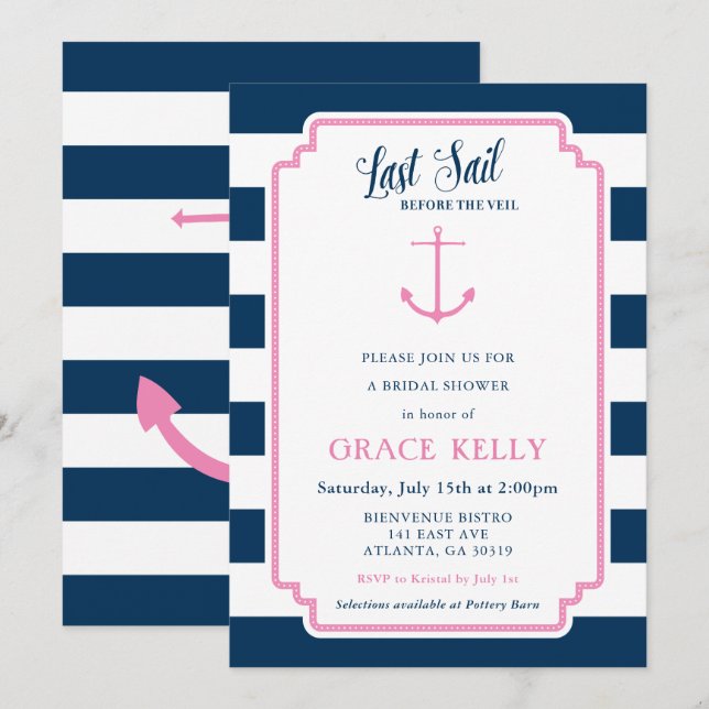 Invitation à la douche nuptiale rose et marine (Devant / Derrière)