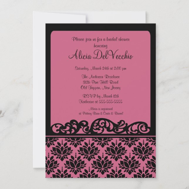 Invitation à la douche nuptiale rose et noir Damas (Devant)