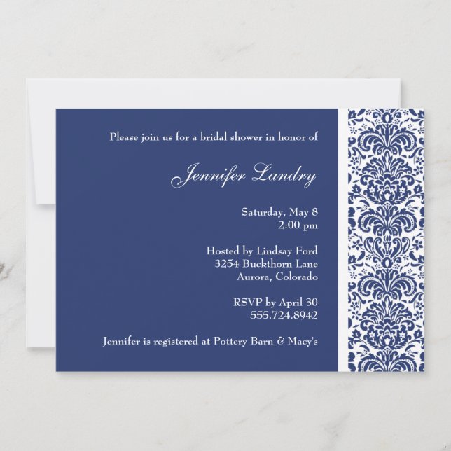 Invitation à la douche nuptiale Royal Blue Damask (Devant)
