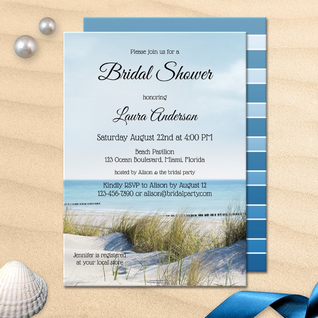 Invitation à la douche nuptiale sur la plage et le (A modern bridal shower invitation featuring an image of dunes overlooking a beach)