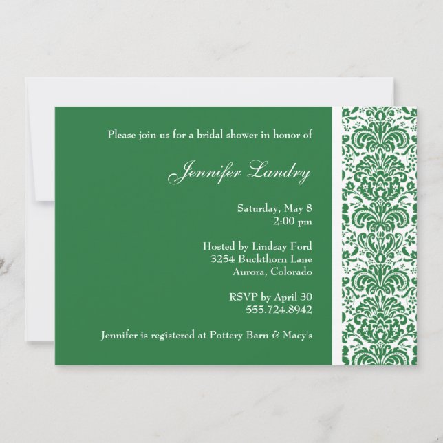 Invitation à la douche nuptiale verte Damask (Devant)