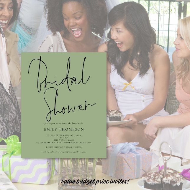 Invitation à la douche nuptiale verte de Sage Budg (Value budget price bridal shower invites)