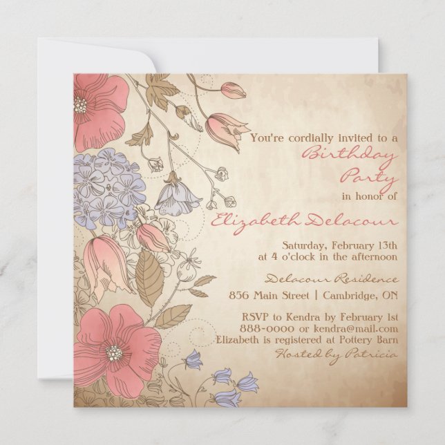 Invitation à la douche nuptiale vintage Fleurs rou (Devant)