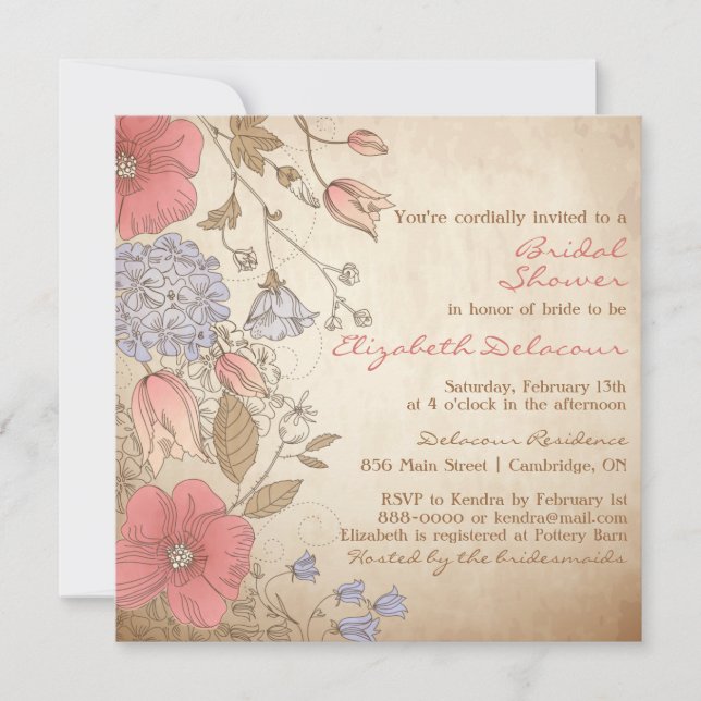 Invitation à la douche nuptiale vintage Fleurs rou (Devant)