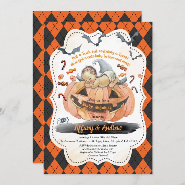 Invitation à la douche pour bébé d'Halloween. Garç (Devant / Derrière)