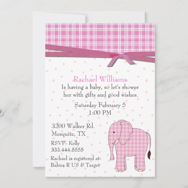 Invitation à la douche pour bébé éléphant rose (Devant)