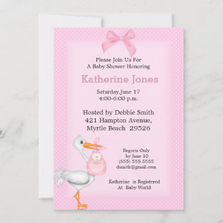 Invitation à la douche pour bébé fille (cigogne)