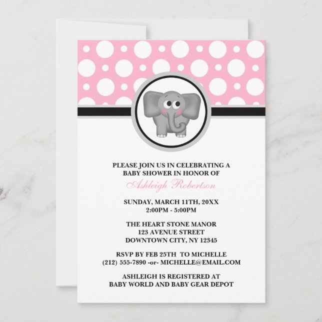 Invitation à la douche pour bébés Eléphant Pink Po (Devant)