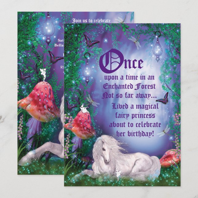 Invitation à la Fairy Unicorn Forest Party (Devant / Derrière)