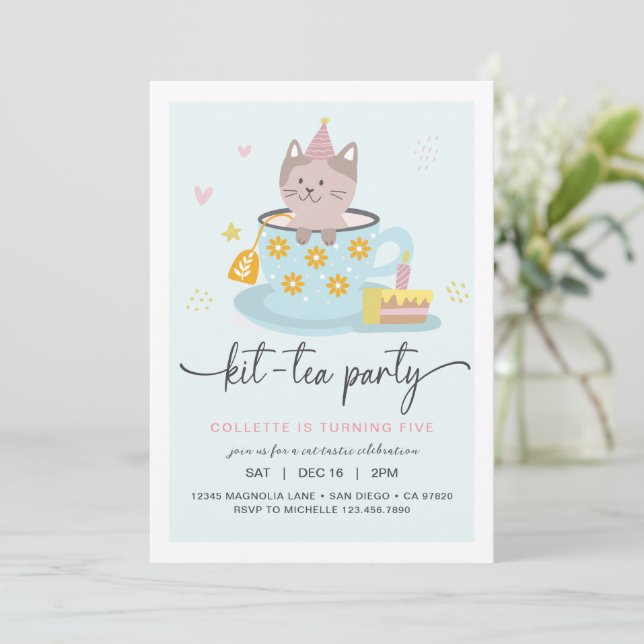 Invitation à la fête à thé de chat | Kit-Tea Party (Debout devant)