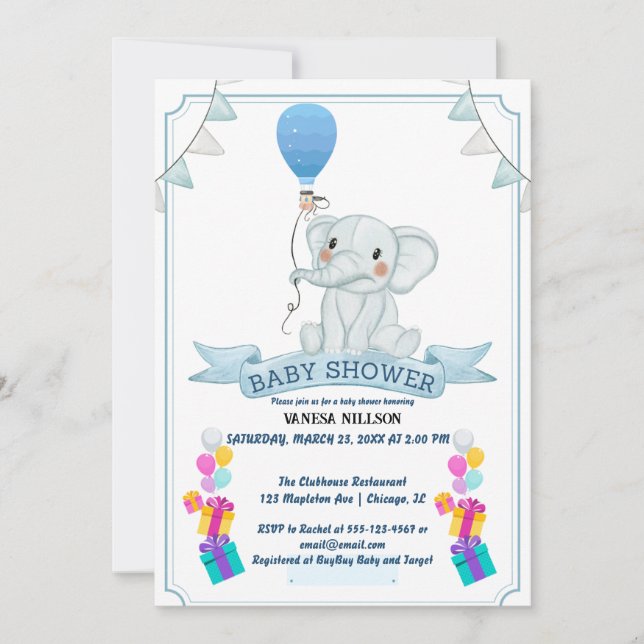 Invitation à la fête bébé éléphant ballon (Devant)