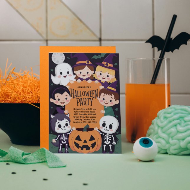 Invitation à la fête costumée de l'Halloween pour  (Halloween Party Invitation for Kids.)