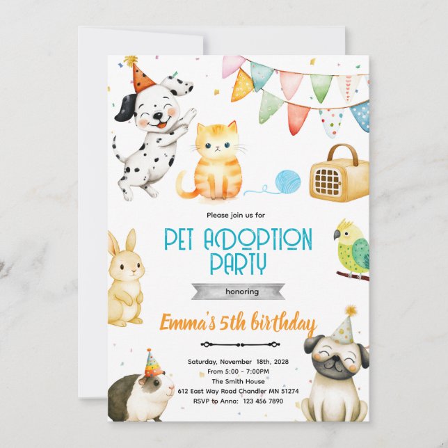 Invitation à la fête d'adoption d'animaux (Devant)