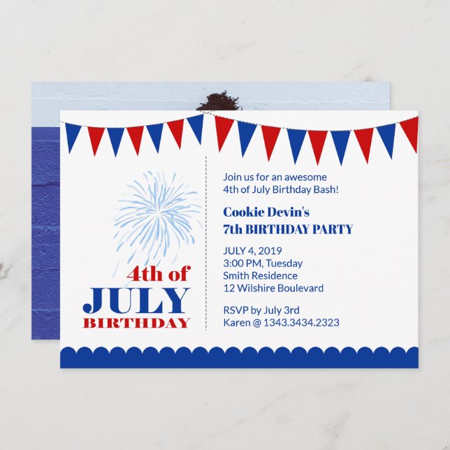 Invitation à la fête d'anniversaire 4 juillet enfa (Devant / Derrière)