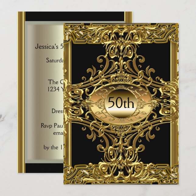 Invitation à la fête d'anniversaire 50 ans Gold Bl (Devant / Derrière)
