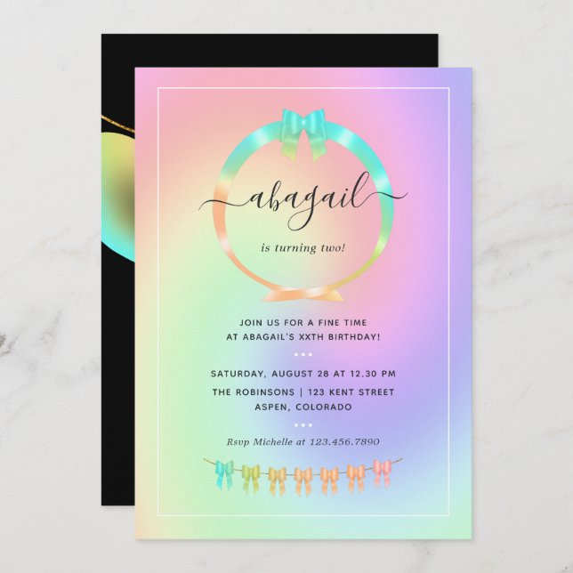 Invitation à la fête d'anniversaire arc-en-ciel et (Devant / Derrière)