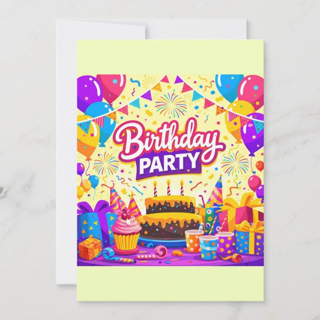 Invitation à la fête d'anniversaire aux ballons lu ("Bring on the balloons, cake, and confetti!)