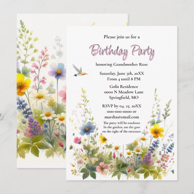 Invitation à la fête d'anniversaire aux fleurs sau (Devant / Derrière)