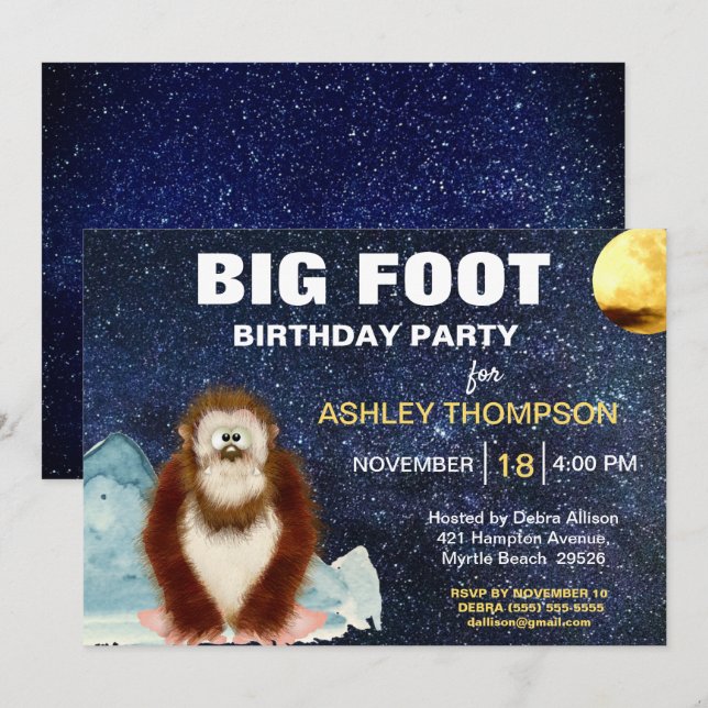 Invitation à la fête d'anniversaire Big Foot (Devant / Derrière)
