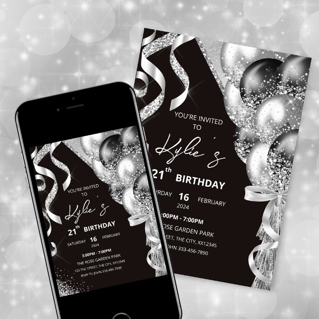 Invitation à la fête d'anniversaire Black and Silv (Créateur téléchargé)