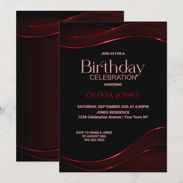 Invitation à la fête d'anniversaire Black Red (Devant / Derrière)