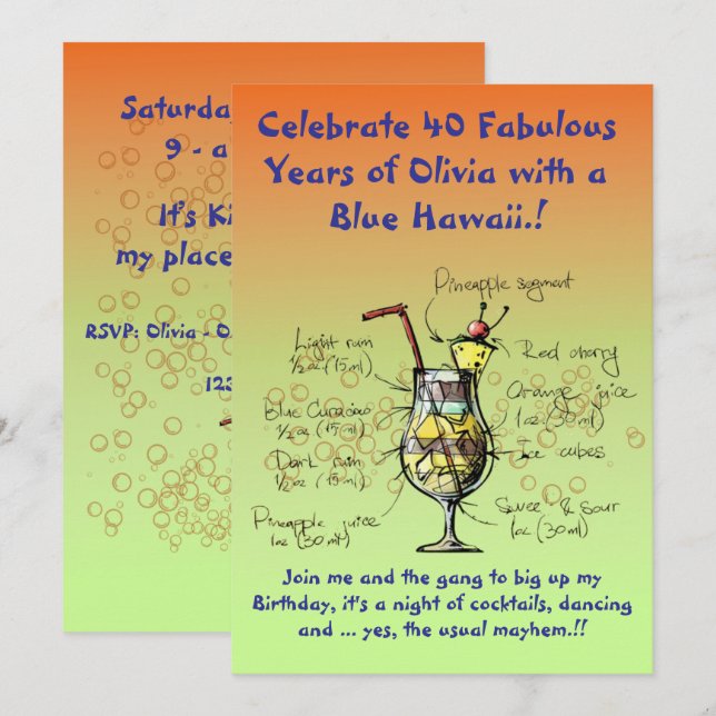 Invitation à la fête d'anniversaire Blue Hawaii (Devant / Derrière)