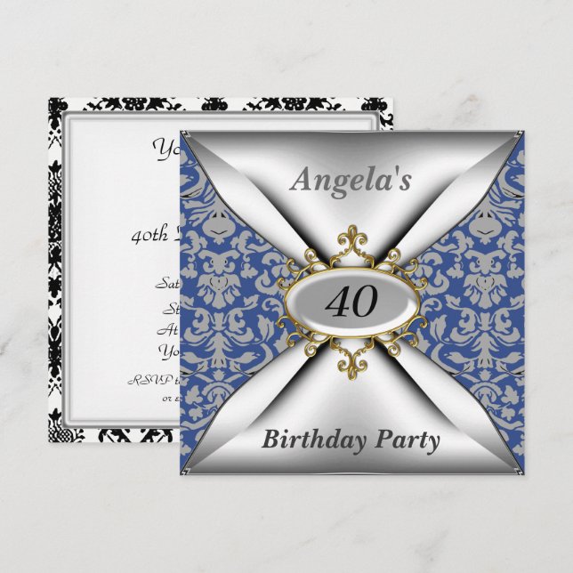 Invitation à la fête d'anniversaire Damask White (Devant / Derrière)