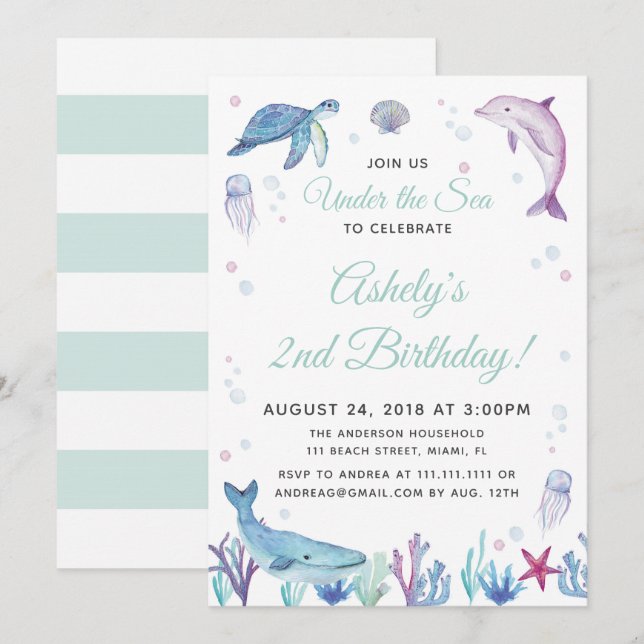 Invitation à la fête d'anniversaire dans l'océan (Devant / Derrière)