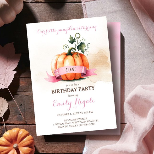 Invitation à la fête d'anniversaire d'automne - ro (Little pumpkin first birthday invitations cute watercolor pink and orange fall theme)