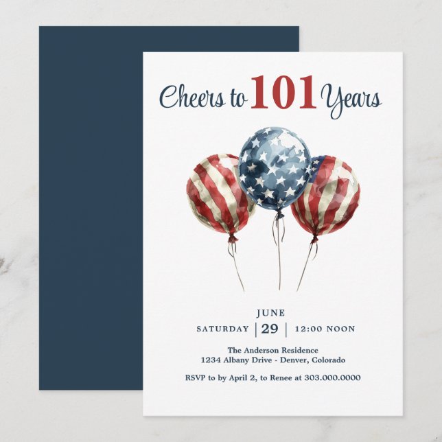 Invitation À la fête d'anniversaire de 101 ans  (Devant / Derrière)