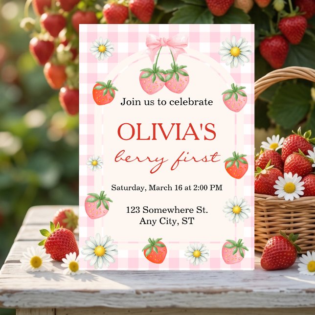 Invitation à la fête d'anniversaire de Berry pour  (Berry 1st Birthday Strawberry Photo Invitation)