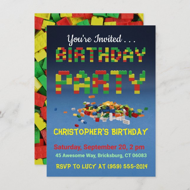 Invitation à la fête d'anniversaire de Brickbuilde (Devant / Derrière)