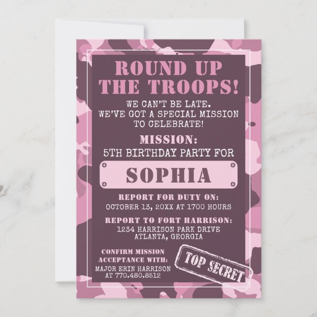 Invitation à la fête d'anniversaire de Camo, Armée (Devant)