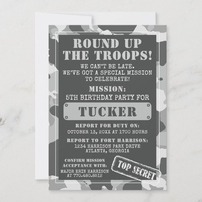 Invitation à la fête d'anniversaire de Camo, Armée (Devant)
