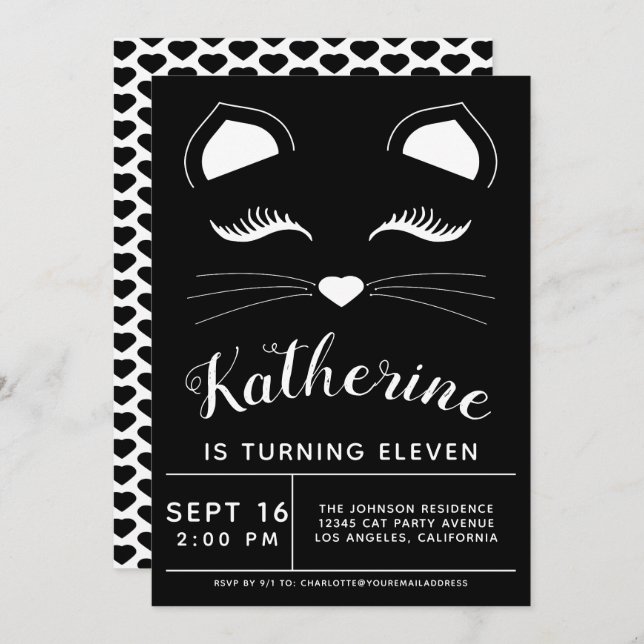 Invitation à la fête d'anniversaire de chat noir e (Devant / Derrière)