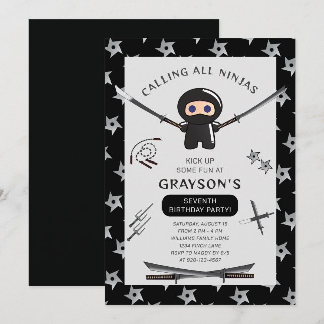 Invitation à la fête d'anniversaire de Cute Ninja (Devant / Derrière)