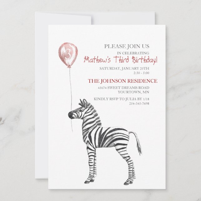 Invitation à la fête d'anniversaire de Cute Zebra  (Devant)