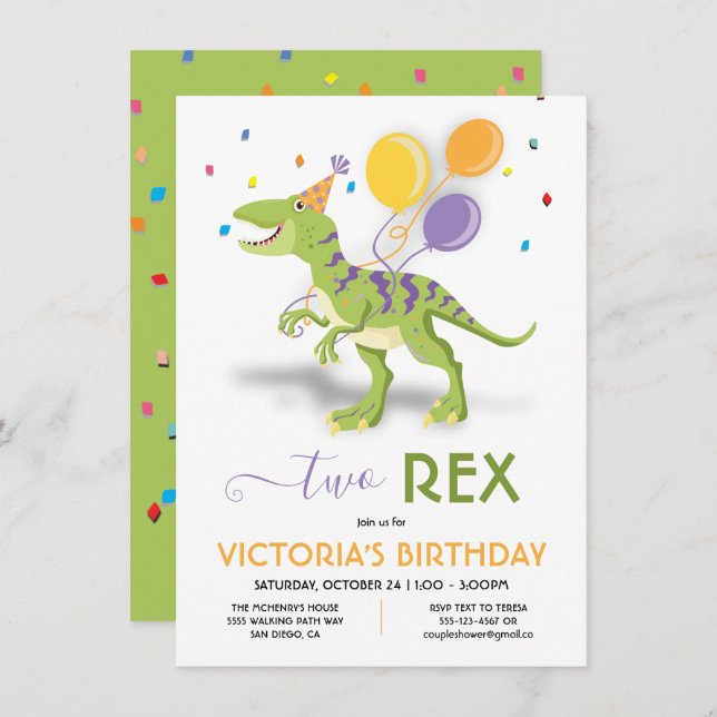 Invitation à la fête d'anniversaire de deux dinosa (Devant / Derrière)