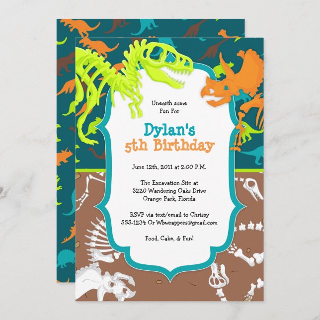 Invitation à la fête d'anniversaire de Dinosaur Di (Devant / Derrière)
