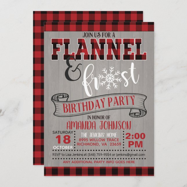 Invitation à la fête d'anniversaire de Flannel et  (Devant / Derrière)