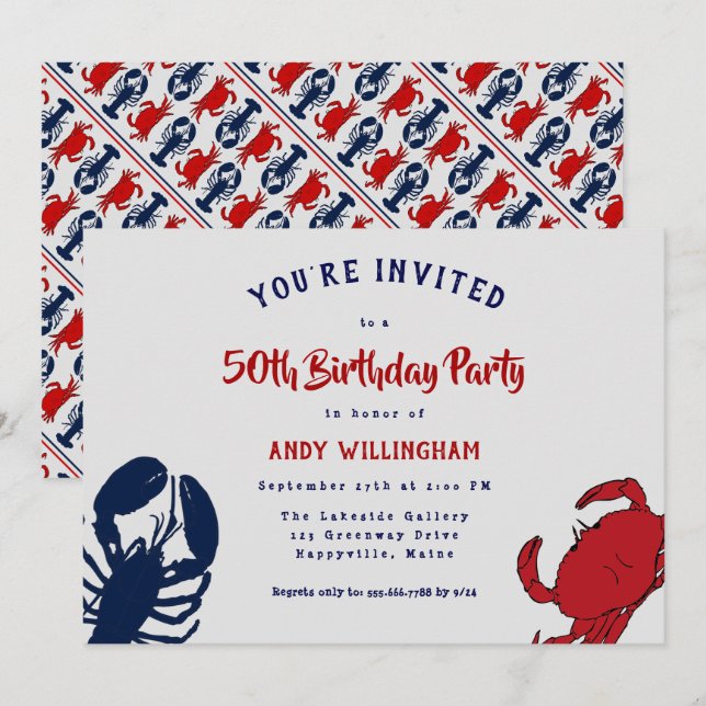 Invitation à la fête d'anniversaire de homard crab (Devant / Derrière)