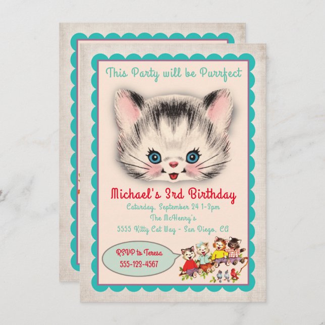 Invitation à la fête d'anniversaire de Kitty Chat  (Devant / Derrière)