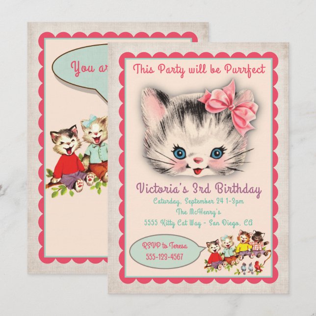 Invitation à la fête d'anniversaire de Kitty Chat  (Devant / Derrière)