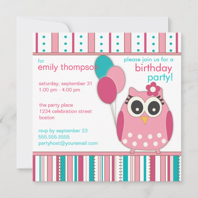 Invitation à la fête d'anniversaire de la Chouette (Devant)