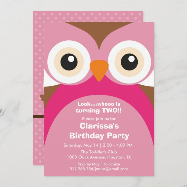 Invitation à la fête d'anniversaire de la Chouette (Devant / Derrière)