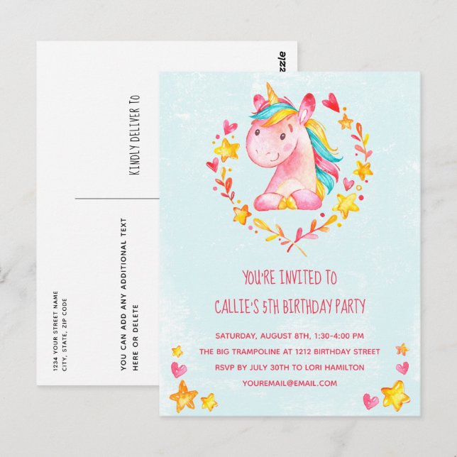 Invitation à la fête d'anniversaire de la licorne  (Devant / Derrière)
