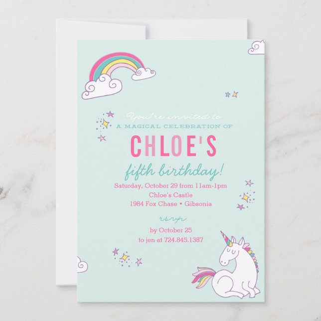 Invitation à la fête d'anniversaire de la licorne  (Devant)
